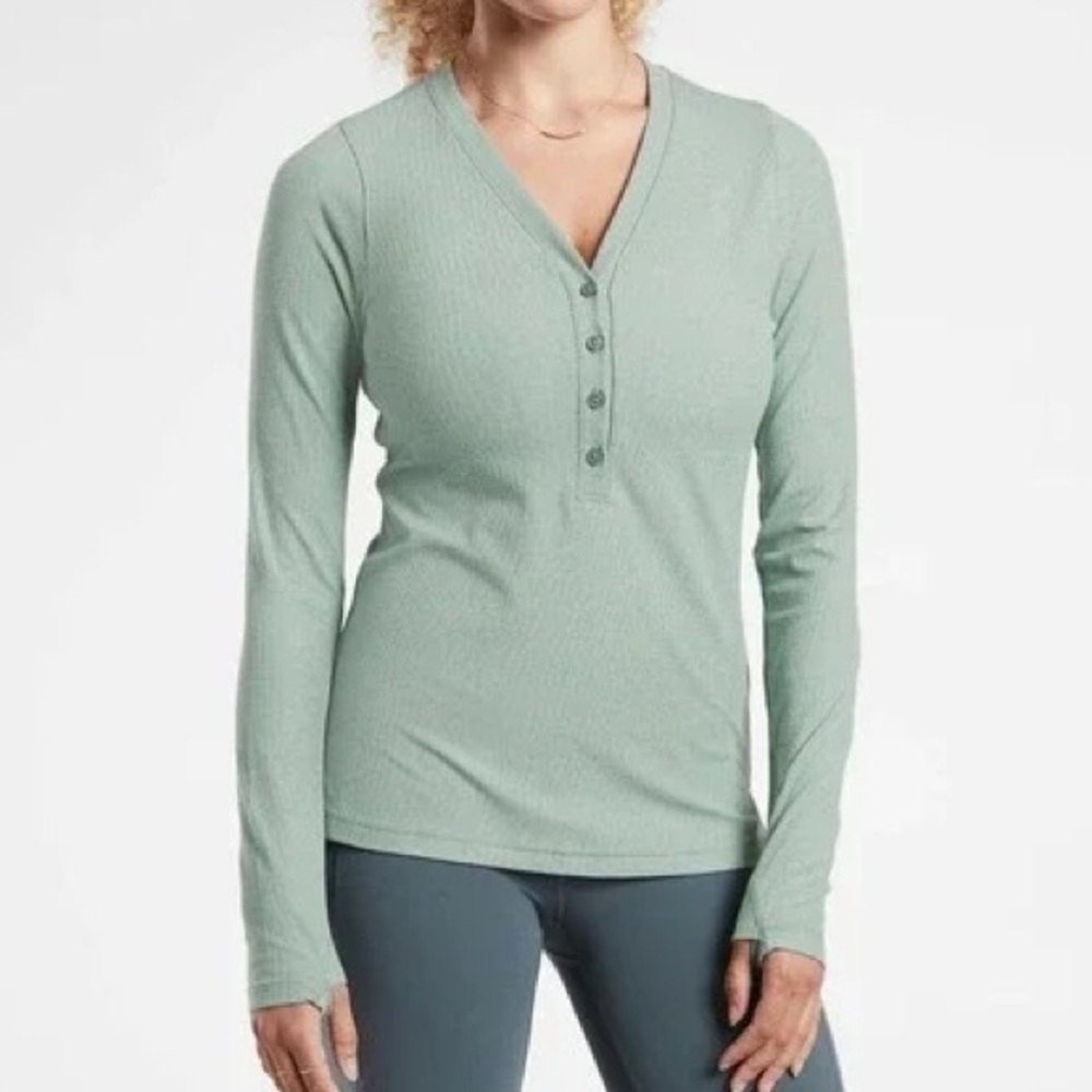Athleta Uptempo Ribbed Henley Top | Minimalistic Grey | Size Small